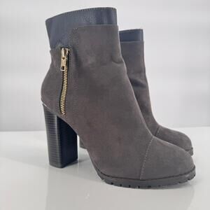 Juicy Couture Livia Charcoal Brown Gold Zipper Ankle Heeled Boots Sz 7.5M 90s